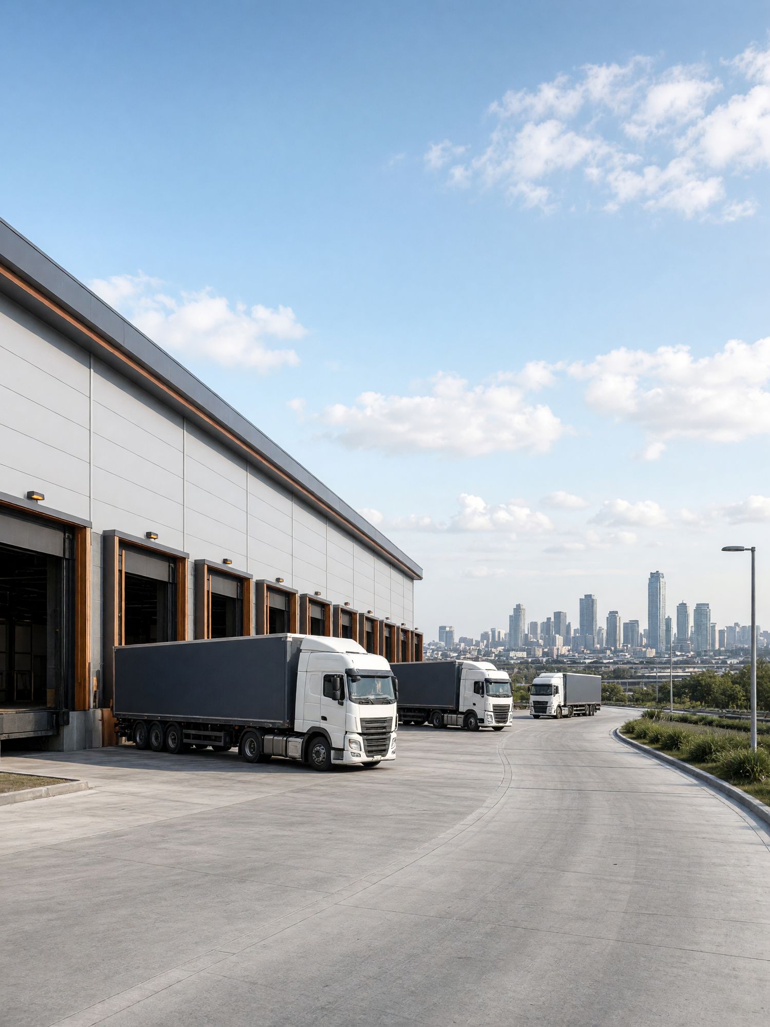 Trucks leaving a modern distribution hub toward the city
